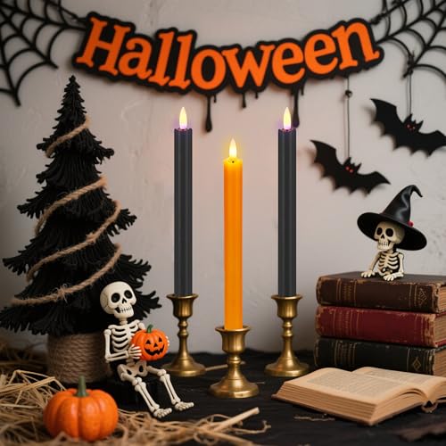 Image of SHENSY Halloween Flameless Taper Candles -6Pack Orange and Black Real Wax LED Candlesticks with 3D Flickering Flame, Battery Operated with Remote & Timer - Spooky Window and Table Decor