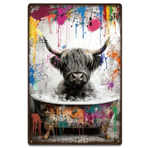 SUPERDANT 1Pcs Plaque Metal Vintage Vache Highland 30x20cm Décor Mural Vache Baignoire Plaque Metal Decorative Graffiti Coloré Affiche Vintage pour Salle de Bain Véranda Chambre Coloré