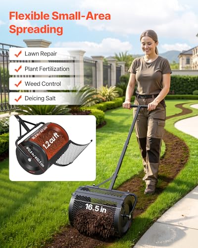 Image of VEVOR Compost Spreader, 16.5 inch Wide Peat Moss Spreader with T Shaped Handle, 3 Heights Adjustable, Powder-Coated Steel Garden Peat Moss Roller, Heavy Duty Grass Seed Roller for Planting Seeding, Black