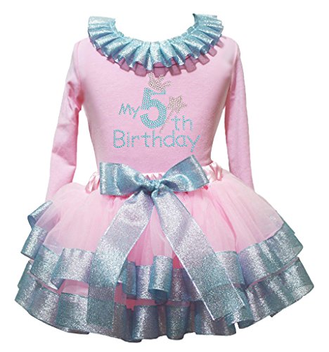 T-shirt bleu clair ruban et jupe pétale rose pour le 5ème anniversaire de votre fille