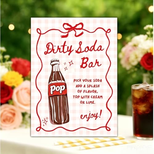 JarThenaAMCS Dirty Soda Bar Signs 11 Red Pink Soda Welcome Wooden Sign Reusable Table Decor for Bridal Shower Baby Shower Wedding Birthday Party Reception Supplies