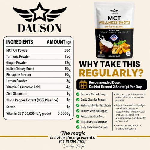 DAUSON MCT Shots Boosted with Turmeric, Ginger, Vitamin C, D3, Zinc, Piperine & Prebiotic Fiber | Immune Support, Gut Health & Clean Energy Booster, 100 Servings — view 3