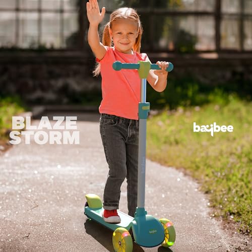 Image of Baybee Blaze Storm Skate Scooter for Kids, 3 Wheel Kid Scooter with 3 Height Adjustable Handle, Kick Scooter with LED PU Wheels & Brake | Runner Scooter for Kids 2-10 Years Boys Girls (Light Green)