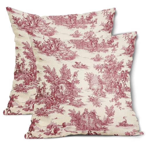 Red Toile Pillow Covers 18x18 Inch Set of 2 Burgundy and Beige French Country Cotton Linen Decorative Throw Pillow Case Cottage Vintage Cushion Cover for Bedroom Sofa Living Room Chair Home Decor