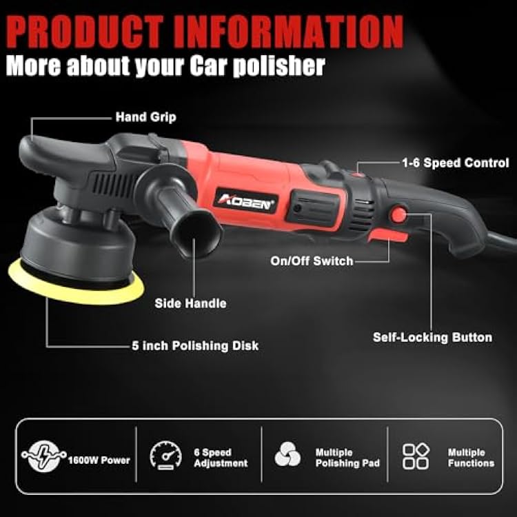 AOBEN Buffer Polisher,5 inch Dual Action Polisher,Long Orbit 16mm Random Buffer Polisher kit with 6 Variable Speed 1000-5500rpm,Detachable Handle,7 Buffing Pads for Car detailing Polishing and Waxing