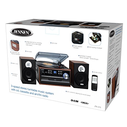 Jensen 3-Speed Turntable Music System Limited Edition Jta475W Lcd Display With Front Loading Cd Player, Am/Fm Stereo Radio, Cassette Player,Aux Input, Headphone Jack & Wooden Speakers #TOP4