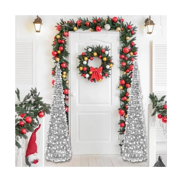 Silver christmas tree 5ft collapsible pop up tinsel christmas tree easy assembly coastal glitter pencil tree for home office holiday party farmhouse xmas decoration  urban country home decor
