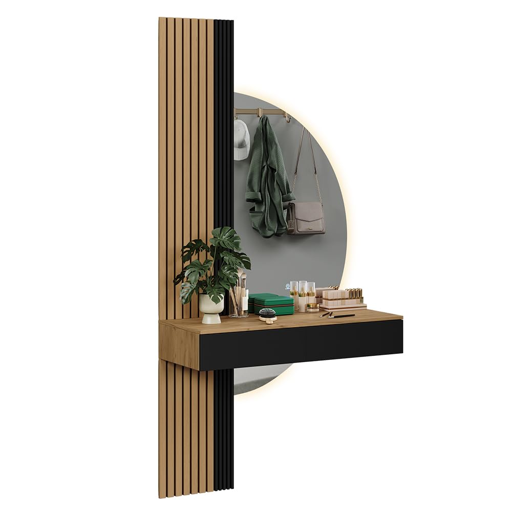 Vicco Tavolo da toeletta Melina, Quercia/nero, 100 cm con specchio a LED, Perfetto per una routine di bellezza organizzata