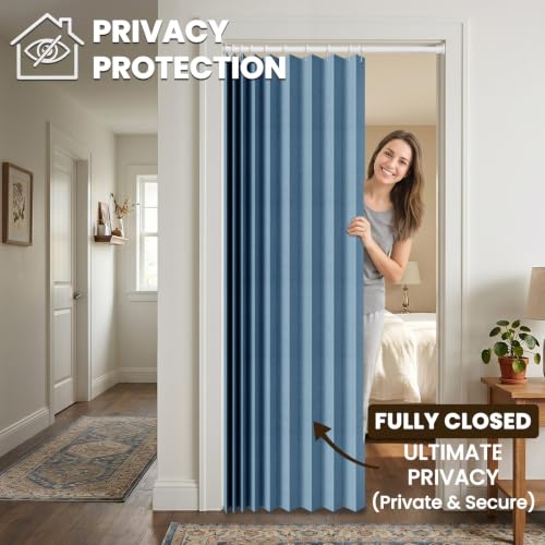 Image of AJAZZ Blackout Accordion Doors Interior Magnetic Door Curtain Closet Door Curtain Invisible Applicable Bedroom Room Living Room Doorway （Blue 42 inch W x 78 inch L 1 Panel