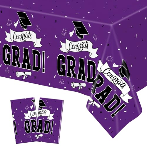 Image of 2 Pcs Graduation Tablecloth, 108 inch X 54 inch Plastic Graduation Decorations 2026, Rectangle Purple Table Cover for Grad Decor Party Supplies, Disposable Tablecover for Class of 2026 Congrats Grad for Kids