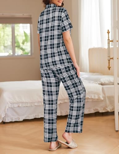 Image of Ekouaer Womens Pajamas Set Print PJs Soft Button Down Sleepwear Short Sleeve Lounge Set with Pockets