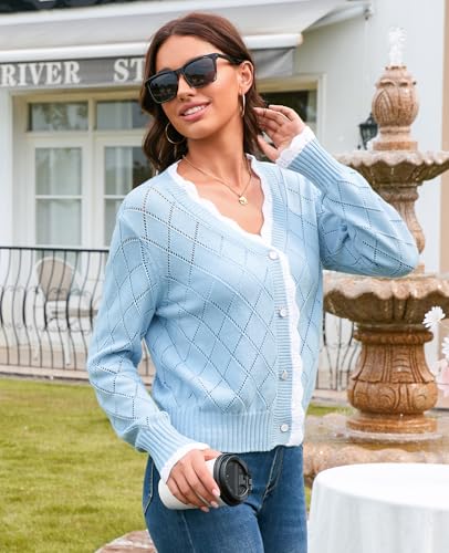 V For City 240522AW0017BLB-M Cropped Crochet Cardigan For Women Knit Scollaped Sweater Trim V Neck Pearl Button Shrugs Fall 2024 Light Blue Medium thumb #2