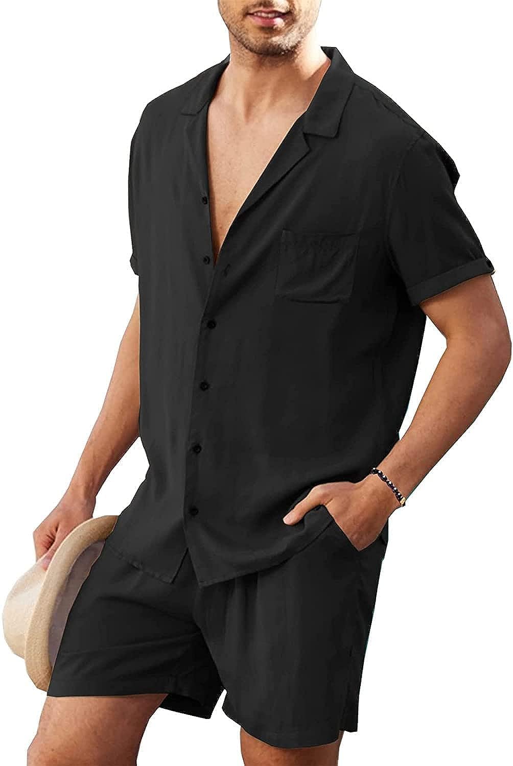NC Men's Button Down Short Sleeve Shirt Top and Shorts Set - 2 Piece (Black- L)