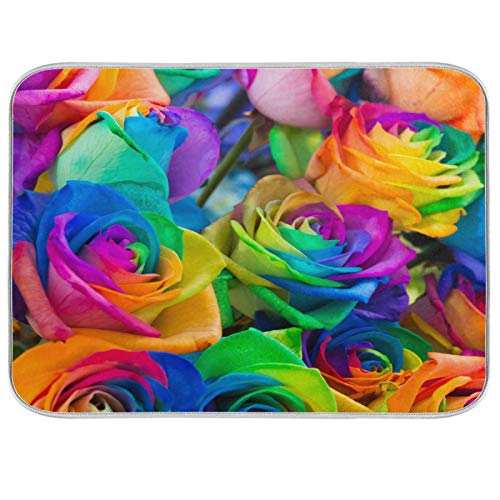 ALAZA Colorful Rose Flower Rainbow Watercolor Dish Drying Mat for Kitchen Counter 16 x 18 Inch