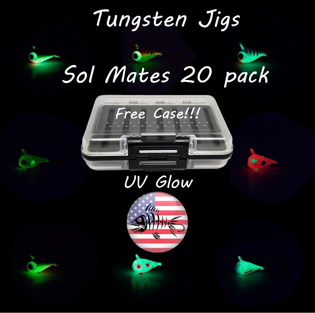 Fishbone Gear Tungsten UV Glow Ice Fishing Jigs - Sol Mates 20 Pack Plus Free Tackle Box Case Included 4mm 1.4gm #10 Hook Jigging Flyfish Lure Bait Walleye Crappie Panfish Trout