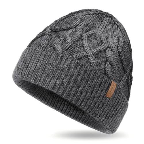 100% Merino Wool Beanie for Men Women, Knit Cuffed Winter Hat, Lightweight Warm Breathable Cap, Unisex Outdoor Gift Dark Gray