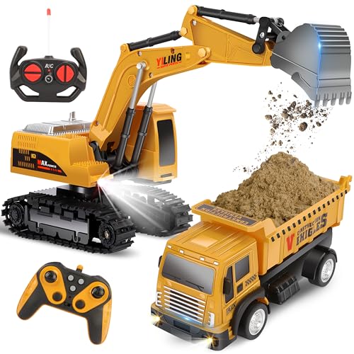 Charmofun Ferngesteuerter Bagger Spielzeug mit RC Sandtransporter, 2.4Ghz Rechargeable RC Bagger mit Licht & Sound, Baufahrzeug Spielzeugautos Geburtstags Geschenk für ab 3 4 5 6 7 8 9 Jahren Junge