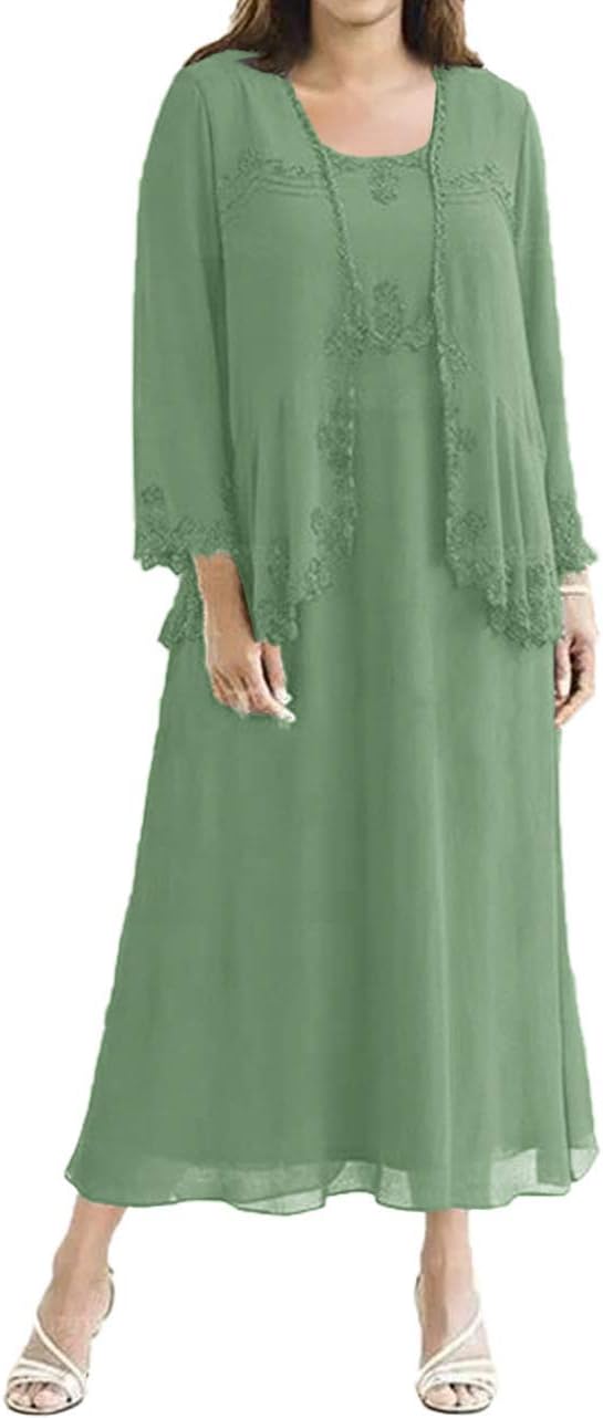 Tea Length Mother of the Bride Dresses Chiffon Evening Formal Dress Lace Wedding Guest Groom Dress Plus Size Jacket