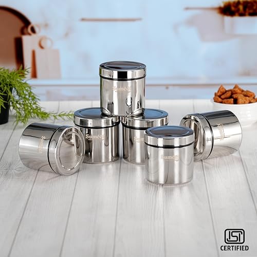 Image of Sumeet ISI Certified Stainless Steel Air Tight Storage Container /Jar /Canister /Dabba with Threading Screw Cap for Kitchen - Pack of 6Pc, 8.3cm, 350ml, Silver
