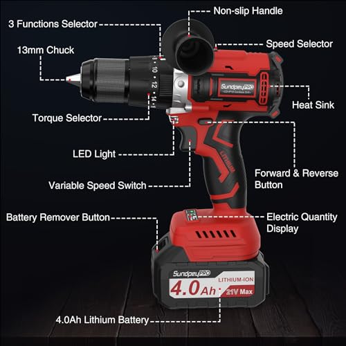 SundpeyPRO 1060In·lbs Cordless Drill Driver - 20+3 Torque Brushless Hammer Drill with 2 x 4.0Ah Battery & Fast Charger - 21V Electric Power Drills Set with 2 Speeds & 1/2 Inch Self-locking Metal Chuck by SundpeyPRO - Image 9