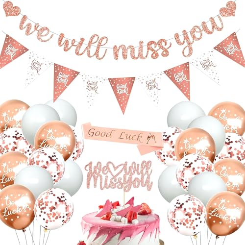 Flankor We Will Miss You Banner Rose Gold Luck Bunting Flags with Good Luck Balloons and Cake Topper for Retirement Graduation Leaving Party Decorations