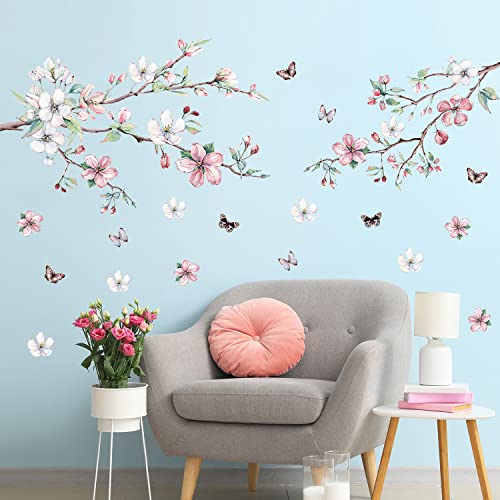 Am Amaonm Removable 3D Ink Style Brown Tree Branches And Pink Whiteflower Wall Decals Plum Blossom Flowers And Butterfly Wall Sticker Peel And Stick Wall Decor For Home Walls Living Room Kids Baby Bedroom Nursery Girls Wall Corner Decoration (B) #TOP6