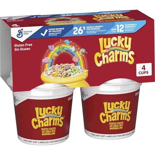 Lucky Charms Gluten Free Cereal with Marshmallows, Kids Breakfast Cereal, Made with Whole Grain, 4 Cereal Cups, 6.8 oz
