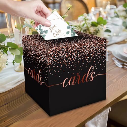 Image of 1 Pack Black and Rose Gold Card Box for Party, 8.7 inch Black Gift Card Box Money Box for Birthday, Wedding, Baby Shower, Retirement, Anniversary, Bridal Shower, Raffle Ticket