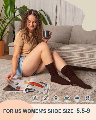 Image of yeuG Pilates Grip Socks for Women Yoga Slouch Socks with Grip for Barre Knee High Boot Socks Long Scrunch Slipper Socks