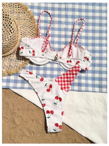 Milumia Women's 2 Piece Underwire Bikini Set Cherry Gingham Bow High Cut Push Up Swimsuit2