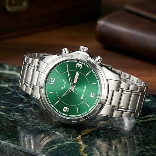 Image of LOUIS DEVIN Stainless Steel Chain Analog Wrist Watch for Men with Day and Date Display (Black /Blue /Green Dial) | LD-GR430-CH
