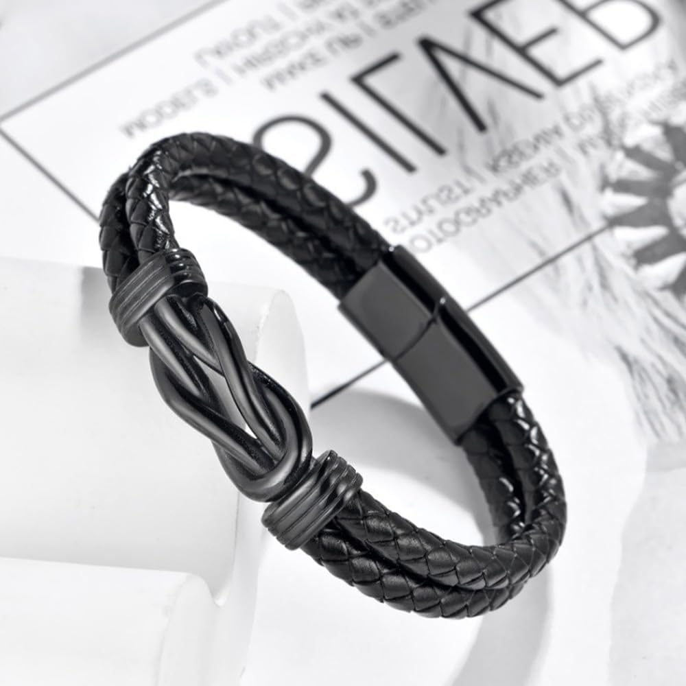Udefw Infinity Bracelet for men，Men's Braided Leather Bracelet with Stainless Steel Knot Design, Brown/Black Woven Leather Bangle with Secure Clasp, Vintage - Style Wrist Jewelry for Daily Wear