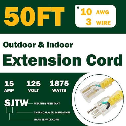 Greatide 50 Ft Lighted Outdoor Extension Cord - 10/3 Sjtw Heavy Duty Yellow Extension Cable With 3 Prong Grounded Plug For Safety, Ul Listed #TOP1