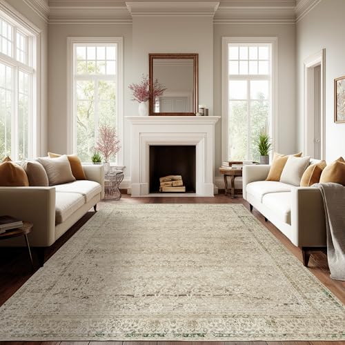 BILEEHOME Neutral Area Rugs 8x10 for Living Room,Boho Washable Earth Tone Vintage Floral Modern Farmhouse Bedroom Dining Room Rug Under Table,Cream Beige Tan Brown