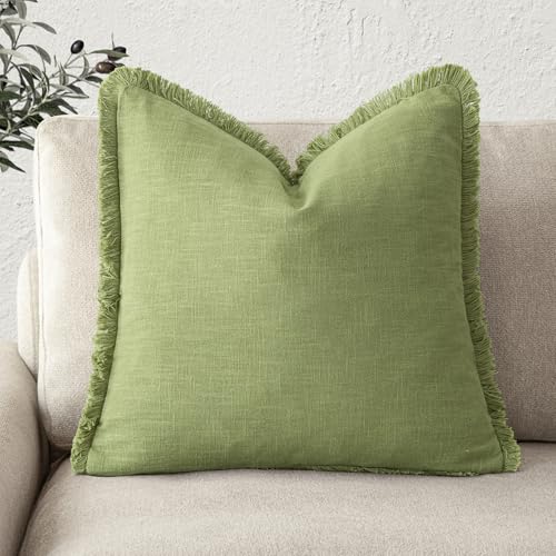 Image of Foindtower Decorative Linen Fringe Throw Pillow Covers Cozy Boho Farmhouse Cushion Cover with Tassels Soft Accent Pillowcase for Chair Sofa Bed Living Room Home Decor, 20x20 Inch,1PC,Lush Green