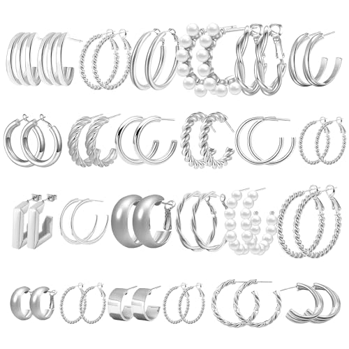 24 Pairs 14K Gold Hoop Earrings Set for Women.Hypoallergenic Statement Earring Multipack Pearl Chunky Chain Twisted Hoop Earrings Pack