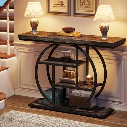 Image of Tribesigns 41.3 inch Console Table, Industrial 4-Tier Sofa Table Entryway Table with Circle Base, Narrow Wood Accent Tables with Storage Shelves for Living Room, Hallway, Foyer, Charcoal Black