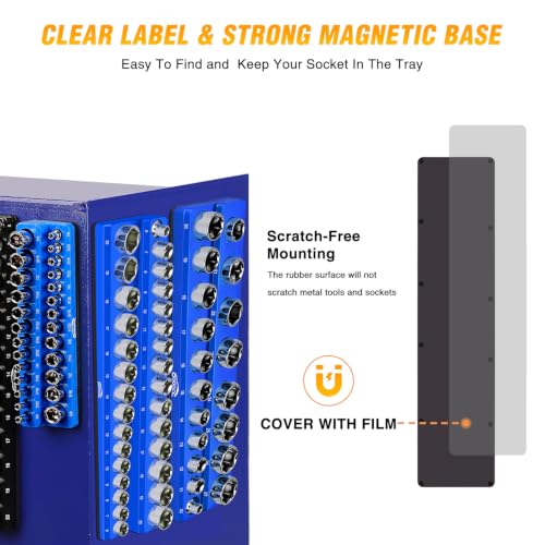 Image of GOOACC 3 PCS Magnetic Socket Organizer Set, Heavy Duty Metric Socket Organizer Tray 1 /4 inch 3 /8 inch 1 /2 inch Impact Drive Sockets Holds 75, Magnetic Socket Holder for Tool Box Drawer Chest Garage Storage, Blue