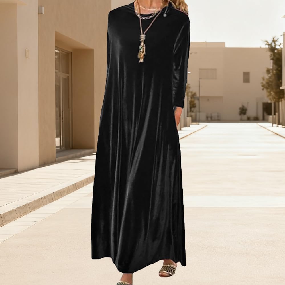 Women's Velvet Maxi Dress 2025 Fall Winter Crew Neck Velour Long Sleeve Wedding Guest Cocktail Formal Dress - Image 2