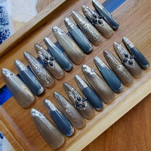 3D Handmade Press on Nails Long Almond Handcrafted Nail Art with Designed Summer Beach Press Ons for Women and Girls /20 Piece Set
