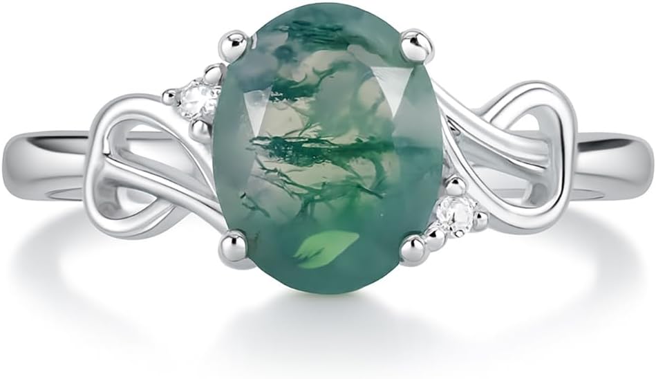 Moss Agate Ring 925 Sterling Silver | Unique Green Agate Nature Ring, Moss Promise Ring for Women, Engagement Wedding Jewelry Gift of Luck & New Beginnings