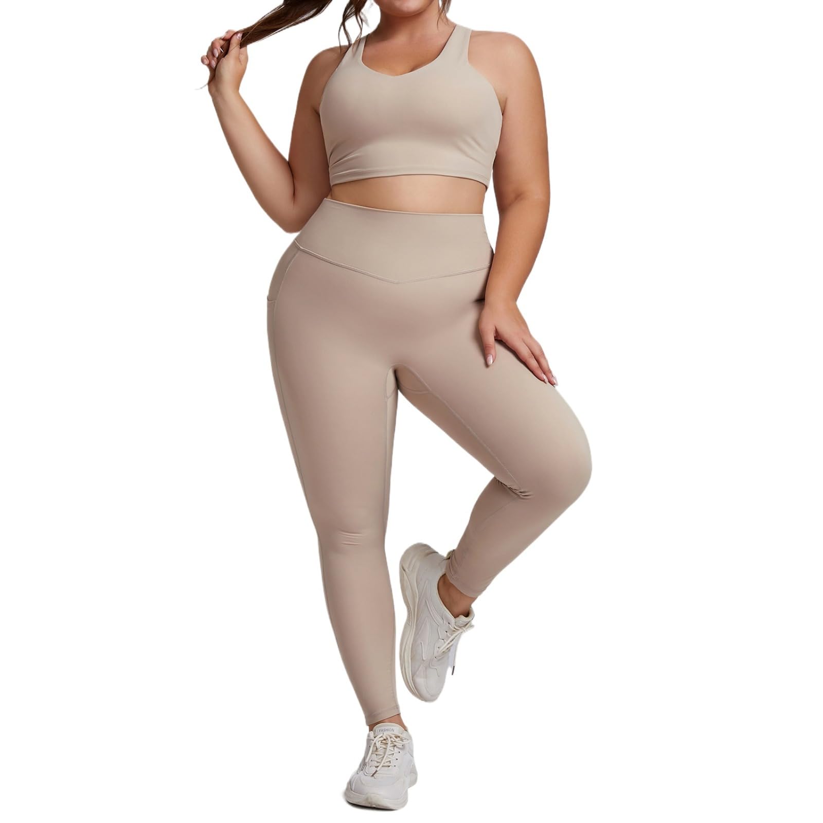 KIRYU Damskie 2-częściowe stroje do jogi plus size wysoka talia kontrola brzucha legginsy do jogi i biustonosz sportowy zestaw wsparcia uderzenia