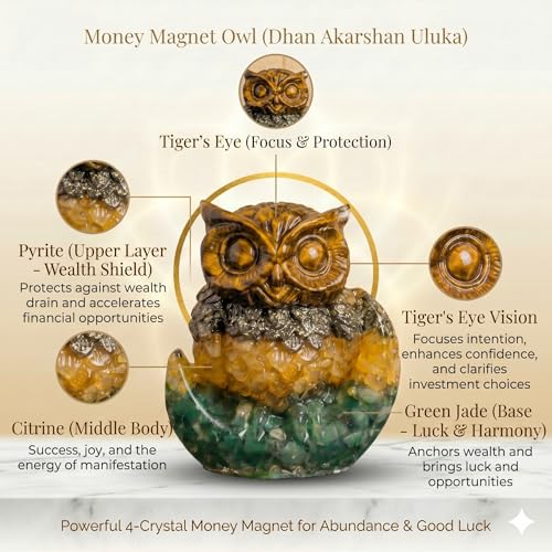 Image of Money Magnet Owl with Moon Base (Maa Laxmi Ji Vahan) with 4 Money Attraction Crystals for Wealth & Protection | Vastu Feng Shui Owl for Money Attraction & Good Luck | Home Decor Gift