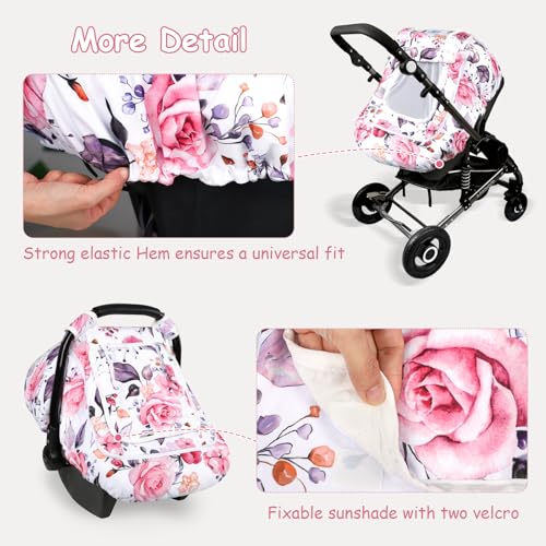 Image of Winter Car Seat Cover Baby with Sunshade & Dual Zipper Windows - Minky Bubble Lined Windproof Soft Shell, Warm Newborn Car Seat Canopy Covers, Elastic Bottom for Stroller & Infant Car Seat, Floral