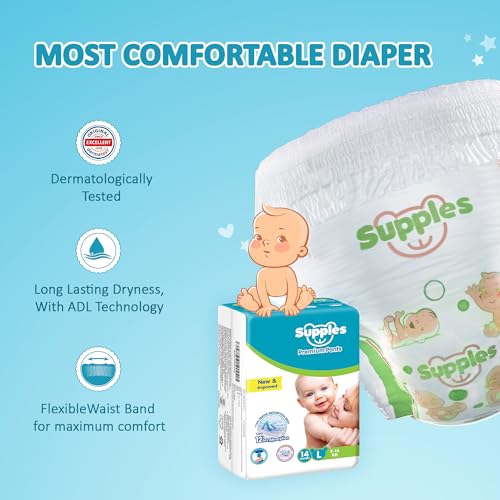 Image of Amazon Brand - Supples Premium Baby Diaper Pants | 14 Baby Diapers | Large | 9-14 Kg | 12 Hrs Absorption | Cushiony Cotton Soft Fabric | Phthalates-Free | Triple Leak Guard