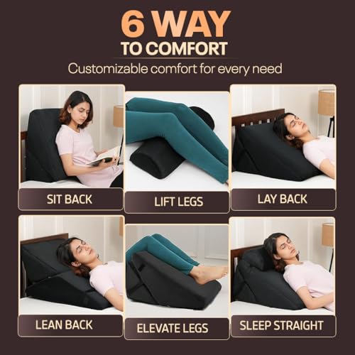 Image of Orthopedic Adjustable Wedge Pillow with Memory Foam & Headrest for Back Support, Leg Elevation, Acid Reflux, GERD, Snoring Relief - 7 Inclines - Soft Washable Cover - Black (56 x 53 x 38 CM)