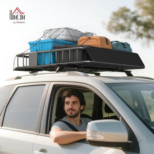 HOMCOM Universal Roof Rack Basket Tray, 90.7 kg Steel Car Rooftop Luggage Cargo Carrier Holder with Wind Fairing, Side Rails for SUVs, Pickups, Sedans, Off-Road Vehicles, 110.5 x 99.5 x 18.5 cm, Black - Image 2