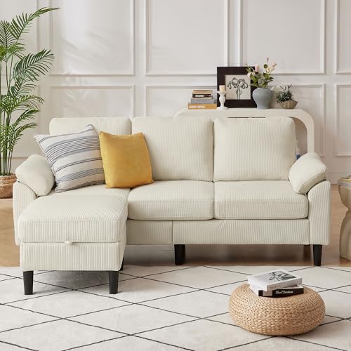 Image of 79.72 inch Corduroy L Shaped Sectional Sofa with Storage Ottoman for Living Room and Small Space