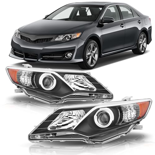 Headlight Assembly Compatible with 2012 2013 2014 Toyota Camry L-Se-Le-Xle Halogen Headlamp Pair, Black Housing Amber Reflector