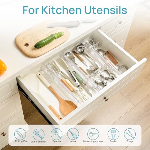 Image of Vtopmart 2.36 inch Drawer Dividers with Expandable Inserts, 12.8 inch-22.3 inch Adjustable Kitchen Drawer Organizer, Clear Plastic Organizer Separator for Flatware, Utensil, Cutlery, 8 Dividers with 14 Inserts